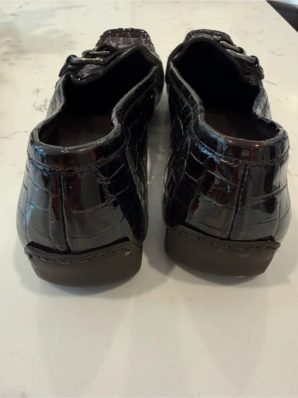 Stuart Weitzman Patent Croc Embossed Buckle Driving Loafers Espresso Brown 8.5 M
